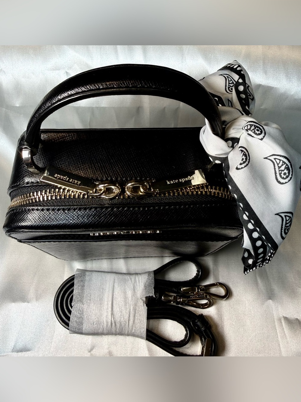 NWOT Kate Spade Black Mini Top-Handle Crossbody with Gold Hardware and Scarf - Picture 3 of 11